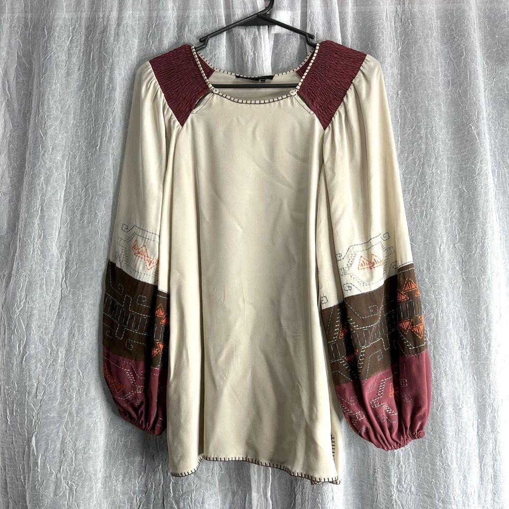 BCBG Maxazria silk brown, tan, and maroon balloon sleeve tunic style shirt.